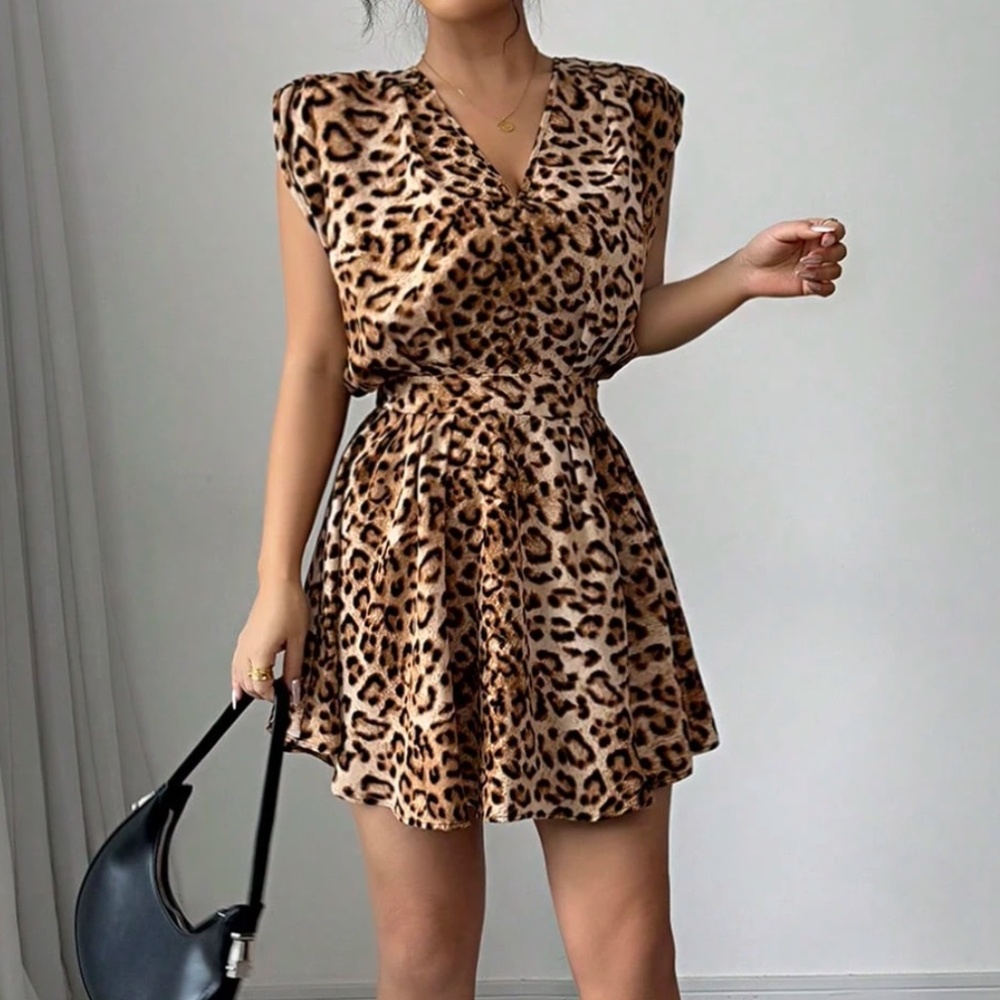 Leopard Print V neck Open Back Ruffle Hem Mini Dress - Picture 4 of 4